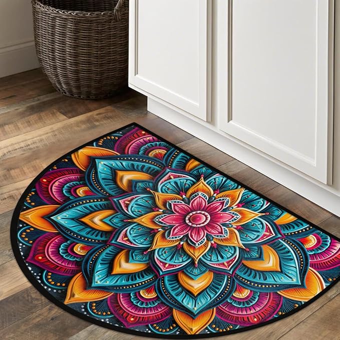 Flower Half Round Door Mat Semi Moon Rug Fireplace Carpet Area Rugs | Colorful Mandala Non Slip Absorbent Half Circle Mat Carpet for Indoor Outdoor Patio Kitchen Bathroom Entryway Home Decor