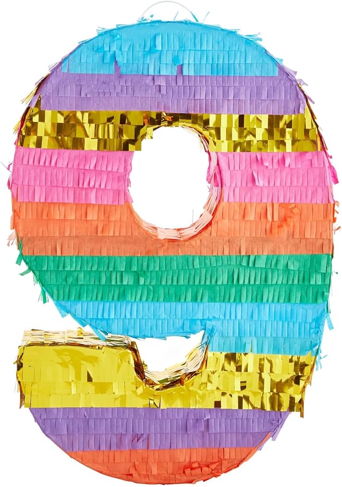 BLUE PANDA Rainbow Number 9 Pinata - 16.5 x 11.4 x 3 in, Multi-Color for 9th Birthday, Fiesta Party Supplies, Party Favors & Rainbow Birthday Decor