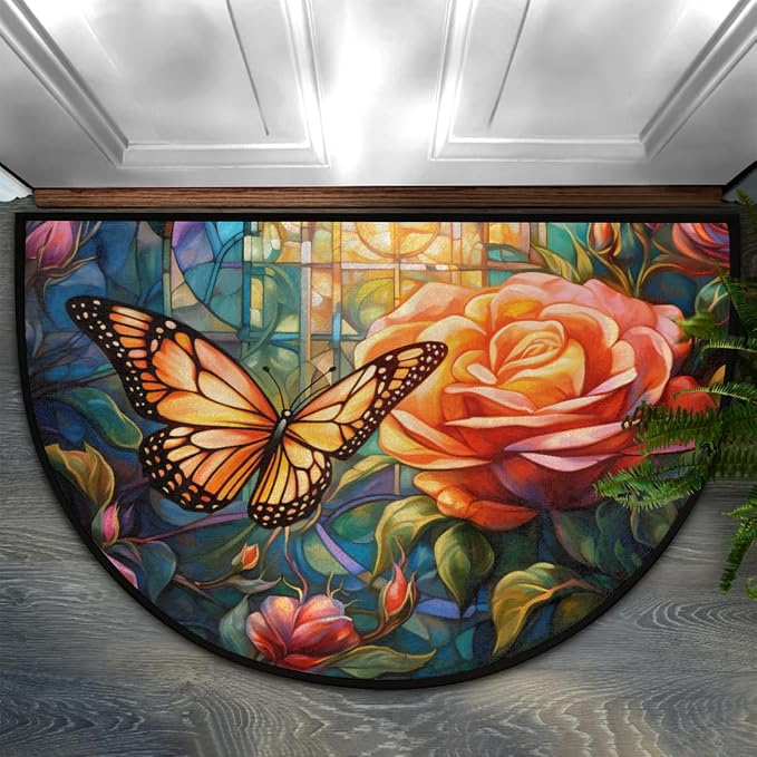 Pardick Vintage Butterfly Rose Anti-Slip Semi Circle Rug - 24X36, Washable Decorative Floor Mat for Kitchen Bathroom Hearth Fireplace