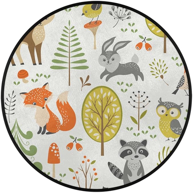 Woodland Animals Round Area Rug, Fox Elk Bear Mushroom Non-Slip Circle Rug for Bedroom Living Room Outdoor Study Playing Floor Mat Carpet, 5.2' Diameter
