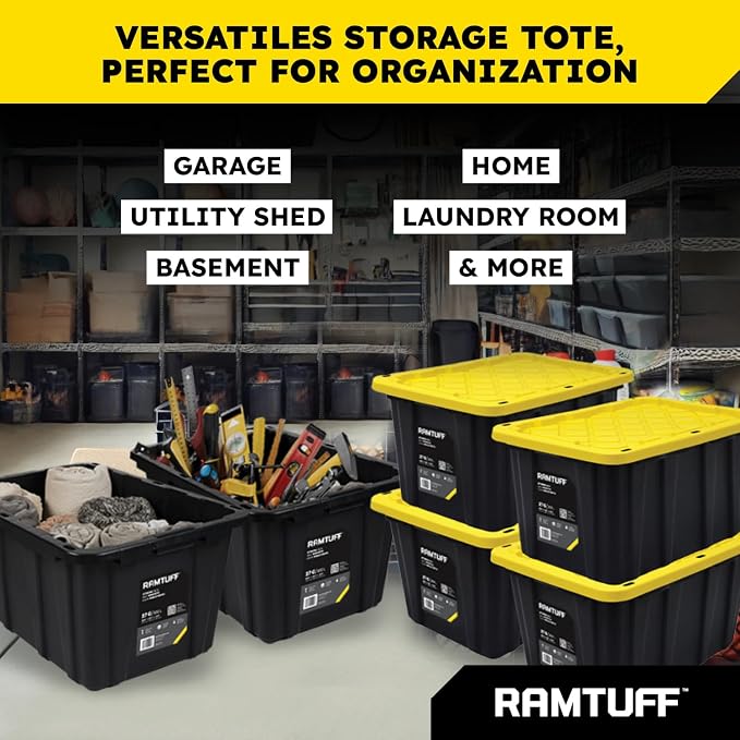 Ramtuff STRONG BOX Black & Yellow, 27-Gallon Heavy Duty Tough Storage Container & Snap-Tight Lid, (15.2" x 19.6" x 28.5" Weather-Resistant Design Stackable Organization Tote (2 Pack)