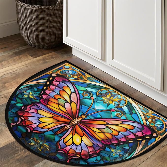 Pardick Half Round Doormat Butterfly Glass Semi Circle Rug Non Slip Indoor Outdoor Entrance Half Moon Rug Washable Front Floor Mat for Kitchen Bathroom Patio Fireplace Holiday Decor