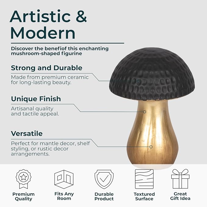 Ceramic Figurine Statue – Sculptural Room Decor Accent, for Shelf, Desk, or Console Placement, Black and Gold Mushroom–Inspired Modern Home Decor Art Design – 7", Black & Gold Finish