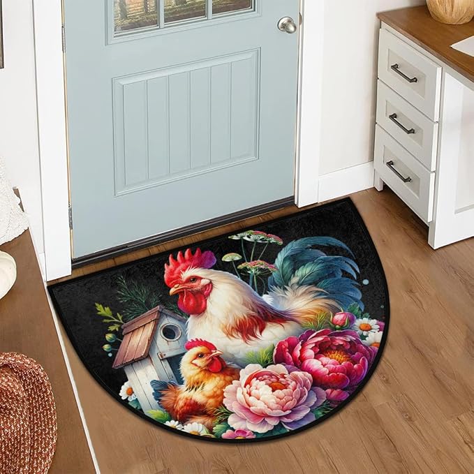 Farm Rooster Floral Half Round Door Mat Non-Slip Semi Circle Rug Washable Half Moon Floor Rug Absorbent Bathroom Area Rugs for Outdoor Indoor Fireplace Mat Entryway Kitchen Decor Rugs