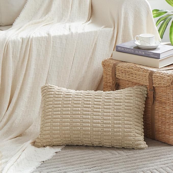 Fancy Homi 4 Packs Tan Decorative Throw Pillow Covers 12x20 Inch for Living Room Couch Bed Sofa, Beige Rustic Farmhouse Boho Home Decor, Soft Plush Striped Corduroy Square Cushion Case 30x50 cm