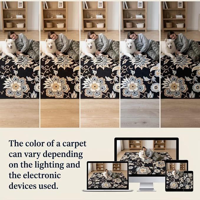 Floral Washable Entry Rug 2x3, Water Resistant Non Slip Ultra Thin Vintage Doormat, Throw Stain Resistant Small Kitchen Rug Indoor, Black Print Boho Cute Carpet, for Bedroom, Entryway, Laundry Room
