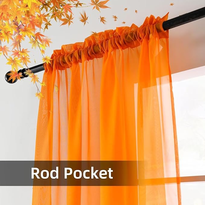 youleyar Solid Sheer Rod Pocket Curtain Voile Draperies 2 Panels Orange Beige Black Grey Coffee 38 Inch Width 63 Inch Long 1 Pair for Kitchen Bedroom Children Living Room Yard(Orange,38Wｘ63L)