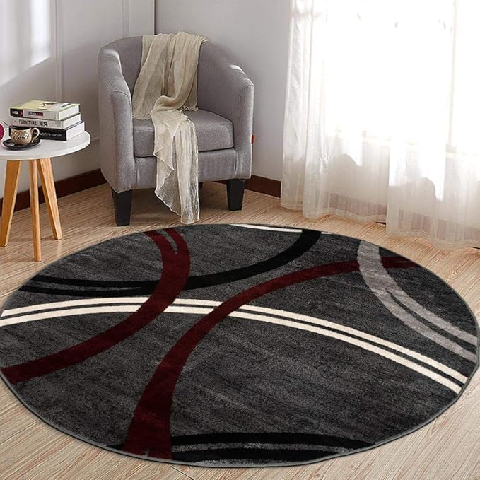 Rugshop Wavy Circles Modern Non-Shedding Living Room Round Rug Red 6'6" | Round, Size 6'6", Bedroom, Dining Room, Home Office, Kitchen, Entryway, Hallway, Nursery, Kids Room, Guest Room
