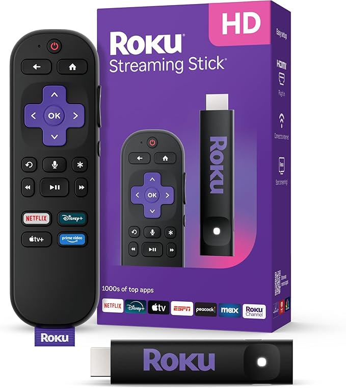 Roku Streaming Stick HD with Voice Remote | Compact 4K Streaming Device for TV with Roku Voice Remote & Long-Range Wi-Fi - Free & Live Local News, Sports