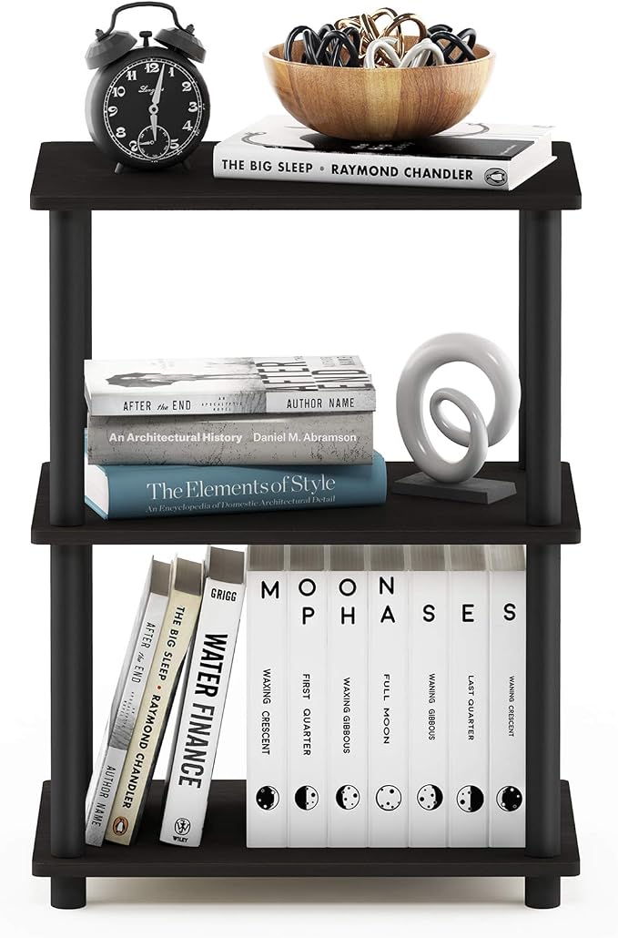 Furinno TURN-N-TUBE Storage Shelves, 3-Tier Book Shelf, Corner Shelf, Toolless Open Shelves, for Organization and Storage, Living Room, Garage, Home Office, Espresso