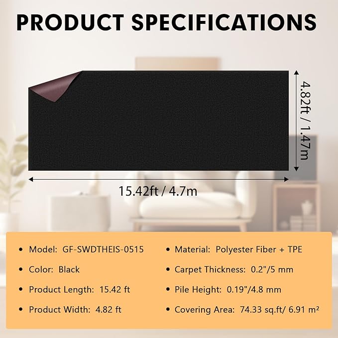 Grefinity Marine Carpet,5 FT x 15 FT Black Indoor Outdoor Carpet 0.2" Thick Boat Rug with Water-Proof TPE Backing for Home, Patio, Porch, Deck