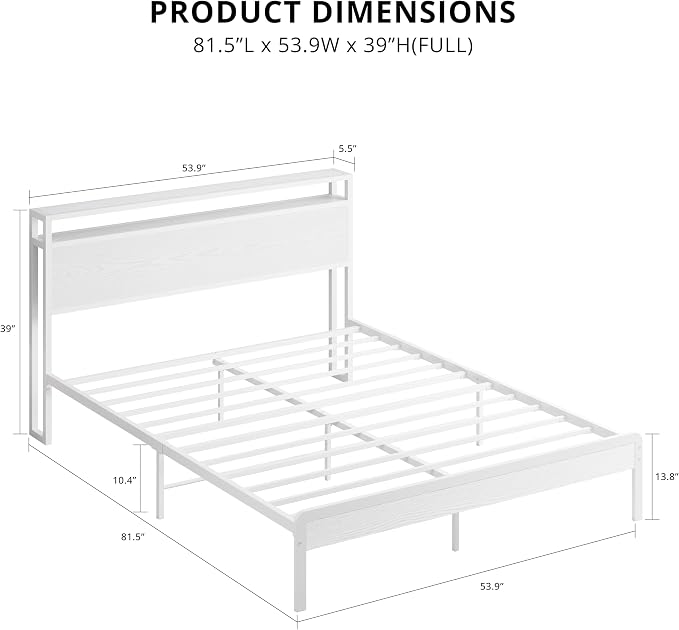 LIKIMIO Full Size Bed Frame with 2-Tier Storage Shelf Headboard | Wood Platform Bed, Camas Full with Strong Metal Supports, Sturdy, Noise-Free, No Box Spring Needed, White