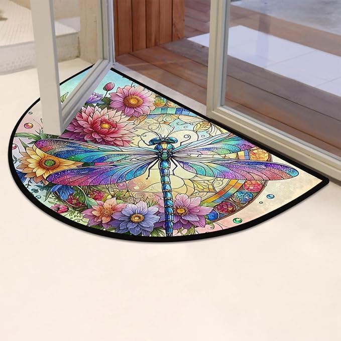 Colorful Dragonfly Flower Half Round Mat Half Moon Door Rug Washable Durable Semi Circle Carpet Floor mats for Indoor Outdoor Bathroom Kitchen Patio Hearth Rug Laundry Room Home Decoration