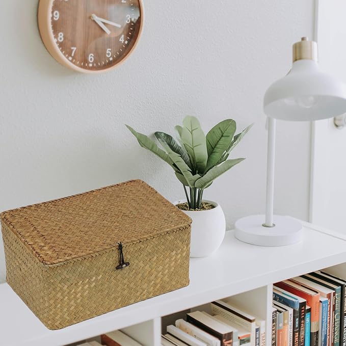 Seagrass Wicker Storage Basket with Lid, Large, Natural | Large Storage Box, Shelf Organizer, Rectangular Woven Bin, Multipurpose Home Storage, Natural Decor, 13 x 8.66 x 6.1