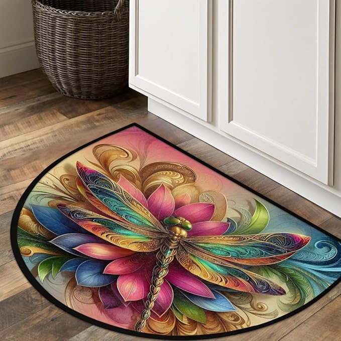 Dragonfly Half Round Rug Half Moon Door Mat Half Circle Rugs | Rainbow Art Washable Non-Slip Semi Circle Rug Welcome Half Round Door Mat Indoor Entrance Kitchen Bedroom Living Room Decor