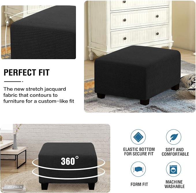 H.VERSAILTEX Square Ottoman Covers Ottoman Slipcovers Folding Storage Stool Furniture Protector Form Fit with Elastic Bottom, Stretch High Spandex Small Checks Jacquard Fabric(Medium,Black)