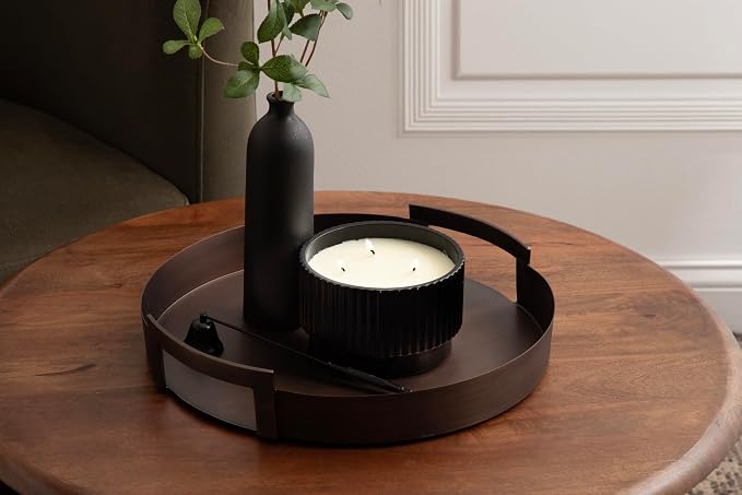 Kate and Laurel Myo Transitional Metal Round Tray; 15 Inch Diameter; Bronze; Modern Glam Circular Decorative Serving Tray with Handles for Use as Living Room Ottoman Table or Entryway Tray Decor