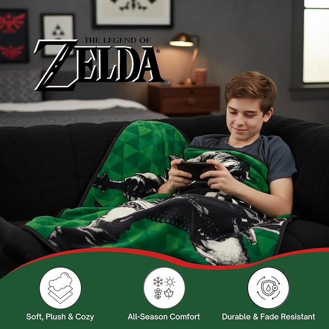 Legend of Zelda Hero Link Throw Blanket Video Game – Green Hyrule, Soft Cozy Decorative Blanket for Couch, Bed, or Gaming Room (100% Officially Licensed Product) by Franco Collectibles