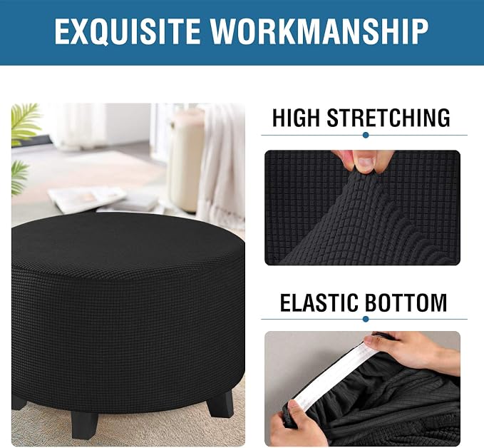 H.VERSAILTEX Ottoman Cover Stretch Ottoman Slipcover Round Ottoman Storage Cover Folding Stool Covers Furniture Protector Cover for Footrest Ottoman Fit Dia 20" - 23", Black