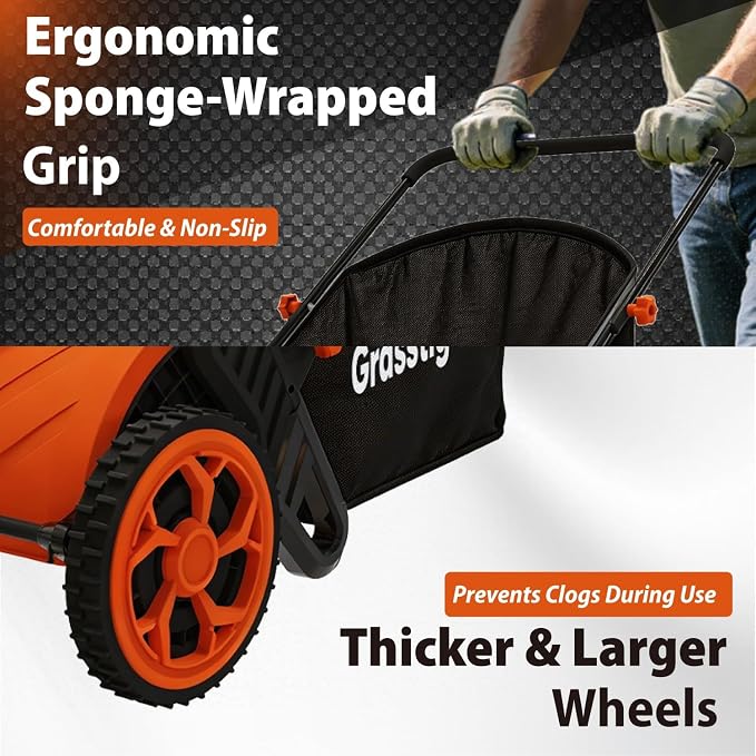 Grasstigon 21-Inch Manual Push Lawn Sweeper, Leaf Collector for Grass Clippings, Leaves & Debris, Leaf Picker Upper with Large 3.64 ft³ Hopper, Durable Wheels, Orange & Black