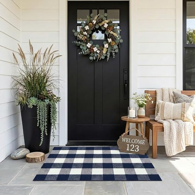 Buffalo Plaid Rug 2'4''x 3'7'' Navy Blue and White Front Door Mat Reversible Layered Porch Rug Washable Hand Woven Cotton Area Rug for Indoor Outdoor Entryway Patio Porch Decor