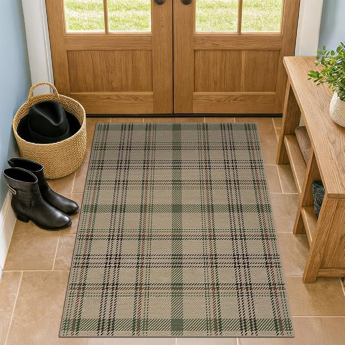 3x4 Entryway Door Mat Indoor – Washable Non Slip Small Rug for Front Door, Kitchen Sink, Mudroom, Garage Entry, Low Profile Easy Clean Farmhouse Plaid Floor Mat,Sage Decor