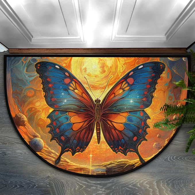 Half Round Door Mat Butterfly Solar System Intdoor Entrance 36x24 Inch, Non-Slip Welcome Mat for Outdoor Semi Circle Bathroom Floor Rugs,House Entry Way Heavy Duty Doormat for Kitchen Living Room