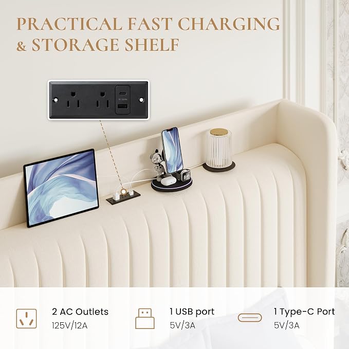 SHA CERLIN Full Size Velvet Bed Frame with Shelf, Charging Station, Cream | Wingback Storage Headboard, Upholstered Platform Bed, Wooden Slats Support, No Box Spring Needed, Easy Assembly, Noise Free