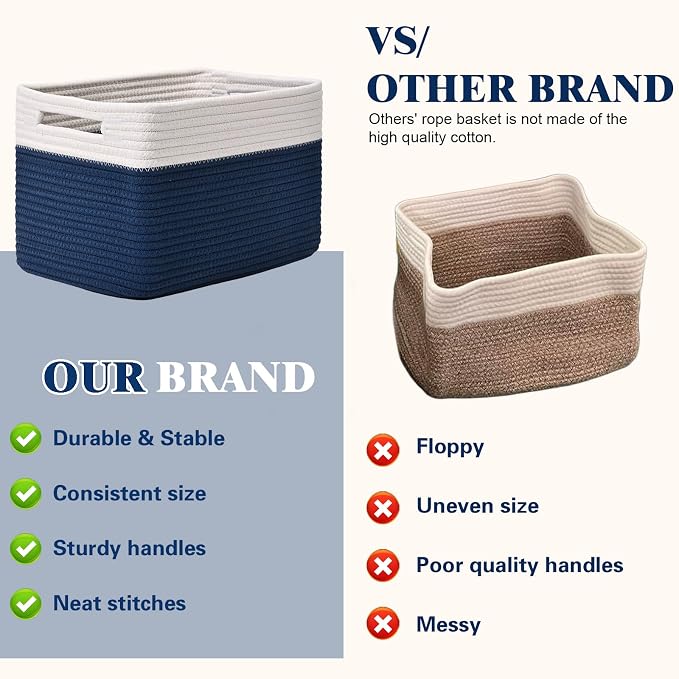 Storage Baskets for Organizing, 4 Pack Baskets for Shelves, Decorative Storage Bins for Shelves, Cotton Rope Storage Basket with Handles, Woven Basket for Storage, 13''Lx8.7''Wx7.9''H, White & Blue
