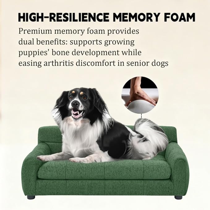 38" Dog Sofa Couch Bed for Small, Medium, Large Dogs, Soft Memory Foam Pet Sofa with Durable Linen Fabric, Comfortable Pet Couch with Backrest and Armrests, Easy to Clean and Maintain（Green）