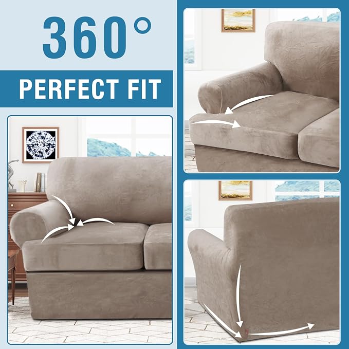 H.VERSAILTEX Sofa Cover 3 Piece T Cushion Loveseat Slipcovers Thick Velvet Couch Cover Furniture Protector Stretch T Cushion Sofa Covers for 2 Cushion Couch with 2 T Cushion Covers Washable, Taupe