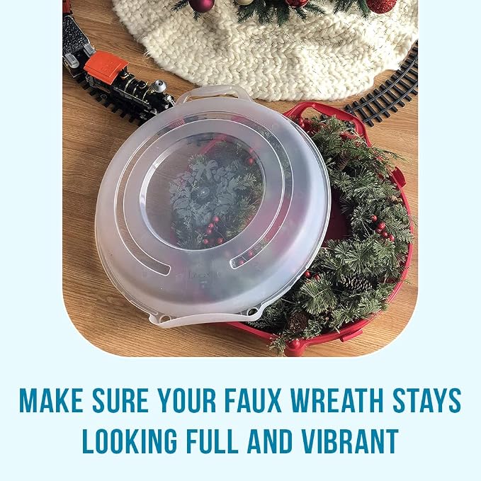 HOMZ Set of 3 Holiday Wreath Plastic Storage Containers, Holds Up to 24” Diameter, Secure Latching Lid and Easy Grip Handle, Stackable and Nestable, Red/Clear | Stackable Seasonal Decoration Organizer Bins with Lids and Handles for Christmas Wreaths an...