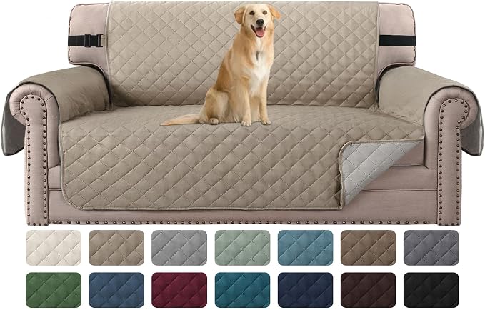 H.VERSAILTEX Reversible Couch Cover for 2 Cushion Couch Water Resistant Loveseat Couch Cover Washable Furniture Cover with Non-Slip Elastic Strap for Dogs, Pets, Kids(Oversized Loveseat, Khaki/Beige)