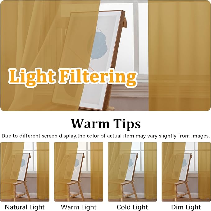 Gwine Gold Sheer Curtain Tiers 24 Inch Length, Light Filtering Voile Short - Image 6