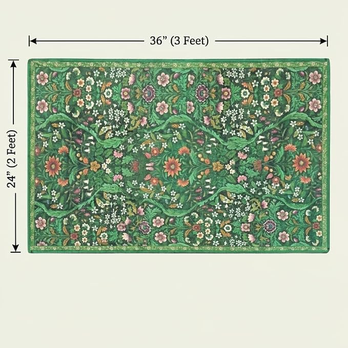 Dark Green Floral Entryway Rug 2x3, Washable Non-Slip Vintage Floral Front Door Mat, Non Slip Ultra Thin Carpet Boho Botanical Print, for Bedroom, Kitchen, Laundry, Indoor Entrance, Home Decor