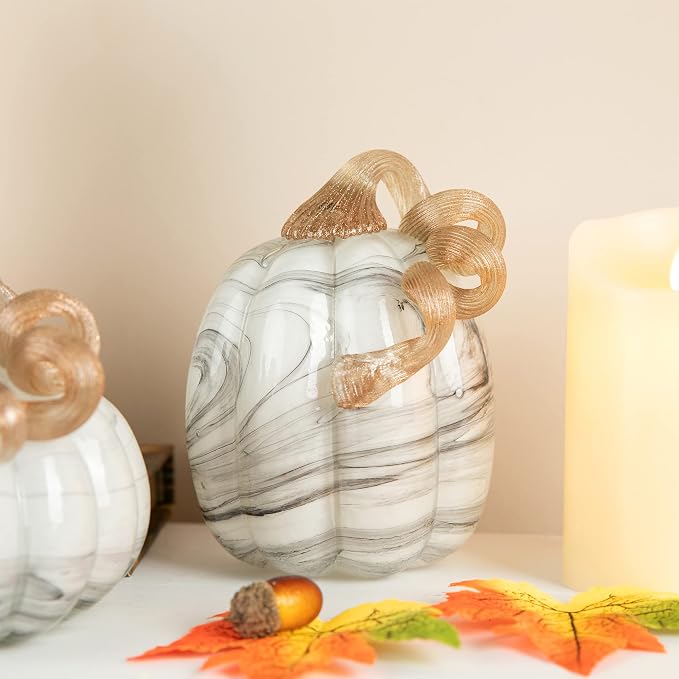 Glitzhome Set of 3 Hand Blown Glitter Glass Pumpkins - Fall Decor for Halloween & Thanksgiving Handmade Table Accent Harvest Home Decor, Gray Marble