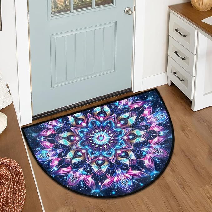 Mandala Half Round Doormat Semi Circle Rug Half Moon Rug Entryway Mat | Blue Flower Washable Non Slip Outdoor Floor Rug Kitchen Mat for Indoor Outdoor Bathroom Fireplace Bath Decor