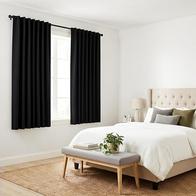 PONY DANCE Window Blackout Curtains - Nursery Drapery Back Tab Rod Pocket Thermal Insulated Short Curtain Panels Home Decoration, 52 Wide x 54 Long, Black, Set of 2