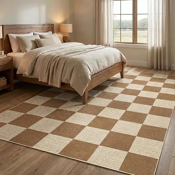 COZYLOOM Checkered Rug 5x7 Washable Area Rug for Bedroom, Modern Easy Jute Rugs with Non Slip Backing, Stain Resistant Indoor Outdoor Mats for Living Room, Dining Room, Patio, Coffee