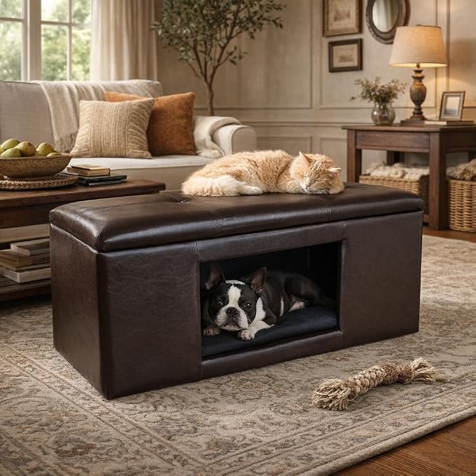 Homepop Home Decor | Button Tufted Leatherette Pet Bed & Bench | Faux Leather Pet Bed | Decorative Pet Furniture (Brown) 38" x 18" x 18"
