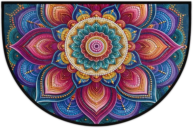 Bohemia Half Round Door Mat Semi Moon Rug Fireplace Carpet Area Rugs | Floral Neon Non Slip Absorbent Half Circle Mat Carpet for Indoor Outdoor Patio Kitchen Bathroom Entryway Home Decor
