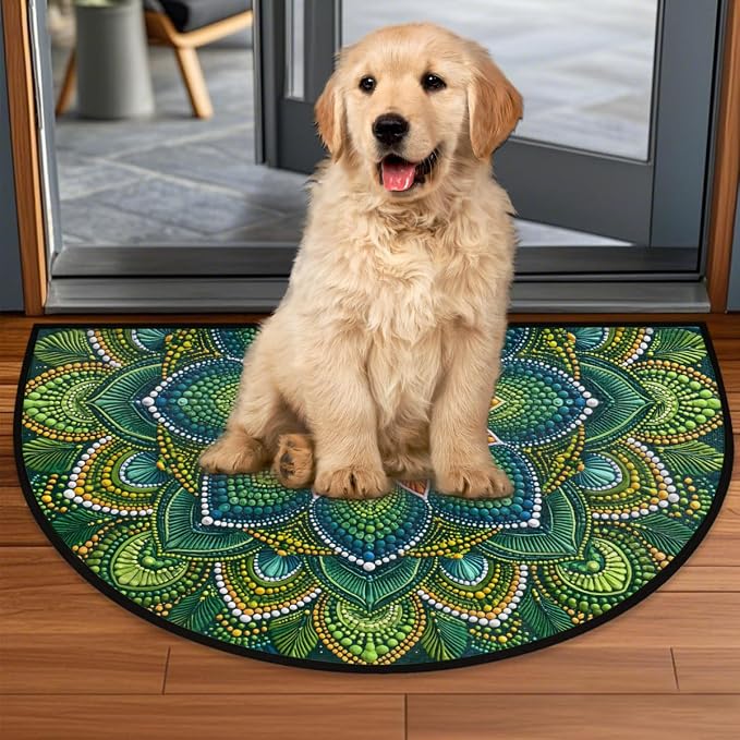 Mandala Half Round Door Mat Semi Circle Rug Half Moon Doormat | Soft Washable Green Blue Welcome Entrance Mat for Outdoor Indoor Floor Bedroom Bathroom Home Kitchen Festival Decor