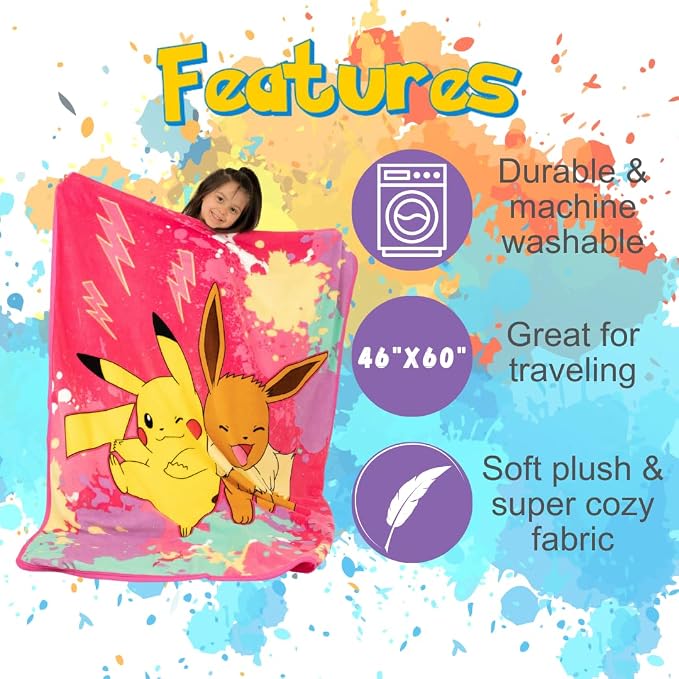 Pokemon Anime Pikachu and Eevee Kids Bedding Super Soft Micro Raschel Throw, 46 in x 60 in, (Official Licensed Product) by Franco