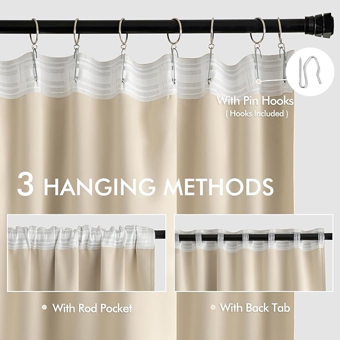 MIULEE Cream Beige Back Tab Light Blocking Curtains 100 Inch Length 2 Panels Set for Living Room Bedroom Privacy, Rod Pocket/Pinch Pleat Thermal Insulated Room Darkening Pleated Blackout Drapes