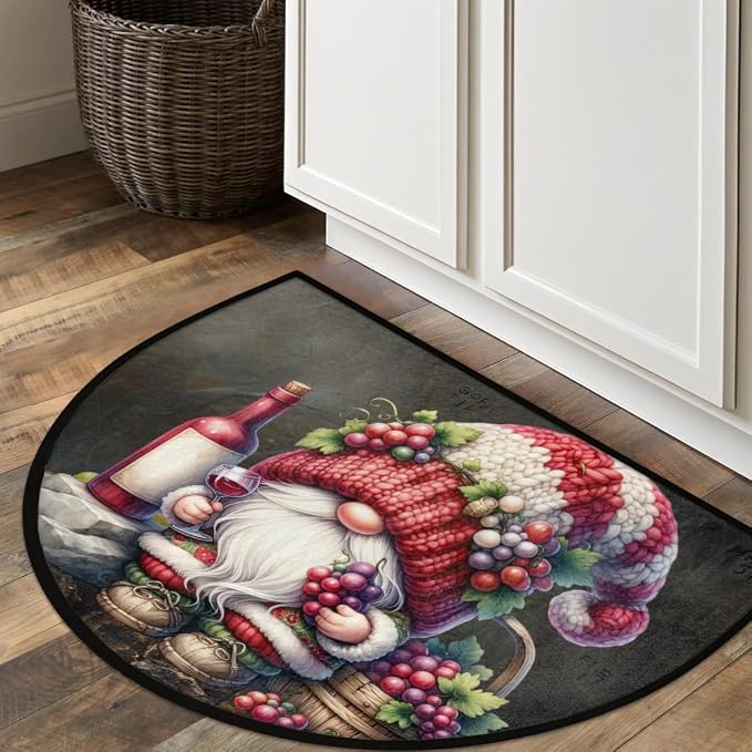 Gnome Wine Half Round Rug Half Moon Door Mat Half Circle Rugs | Grape Modern Washable Non-Slip Semi Circle Rug Welcome Half Round Door Mat Indoor Entrance Kitchen Bedroom Living Room Decor