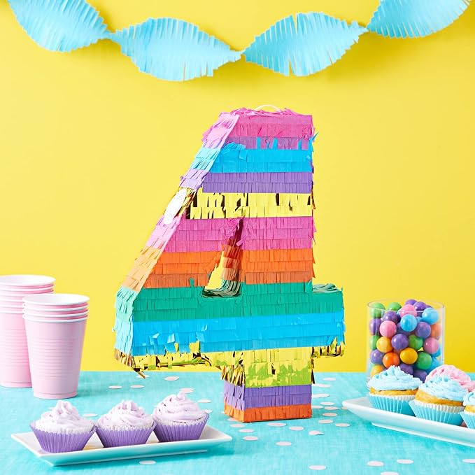 BLUE PANDA Number 4 Pinata - Vibrant Rainbow 4th Birthday Party Decorations | Multicolored Tissue Paper Fiesta Party Supplies | Large 12 x 17 x 3 Inches