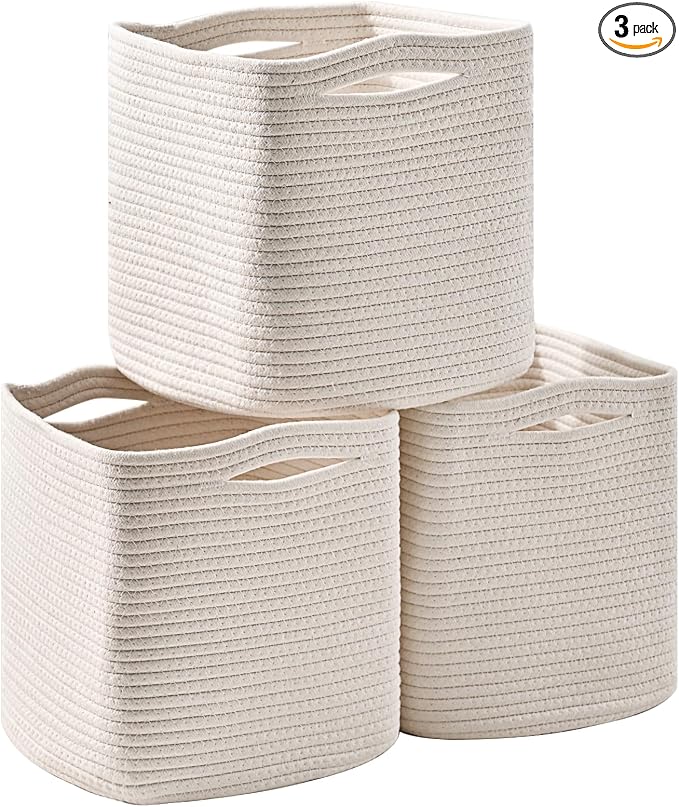 ICERZCZ 11 Inch Cube Storage Bins, Organizer Bins, Woven Cotton Rope Baskets for Storage, Storage Baskets for Organizing Shelves, White Basket for Toys, Off White (Pack of 3)