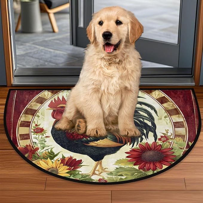 Half Round Door Mat Rooster Chicken Flower Semi Circle Area Rug Half Moon Hearth Rugs Runner Mat for Bathroom Kitchen Patio Laundry Room