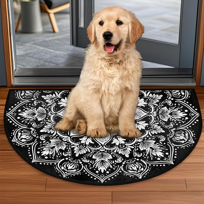 Mandala Black Half Round Door Mat Semi Moon Rug Fireplace Carpet Area Rugs | Mandala Black Non Slip Absorbent Half Circle Mat Carpet for Indoor Outdoor Patio Kitchen Bathroom Entryway Home Decor