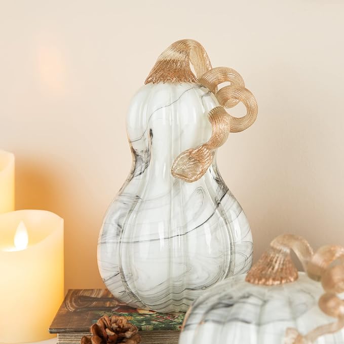 Glitzhome Set of 3 Hand Blown Glitter Glass Pumpkins - Fall Decor for Halloween & Thanksgiving Handmade Table Accent Harvest Home Decor, Gray Marble